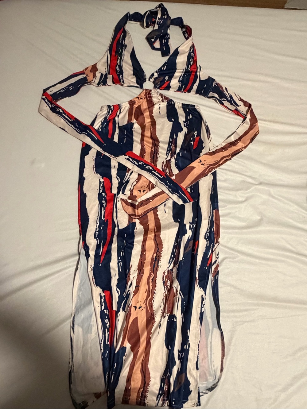 Striped Halter Maxi Dress in Navy, Brown & White
